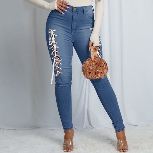 Women’s Lace Up Denim Vintage High Waist Ripped Skinny Jeans