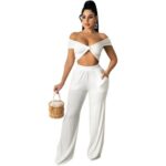 Women’ Solid Two Piece Set with Ribbon Strapless Crop Top