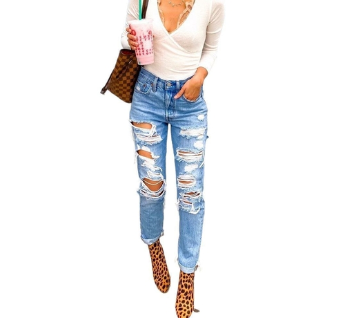 Women’s High Waisted Skinny Destroyed Ripped Hole Denim Pants 